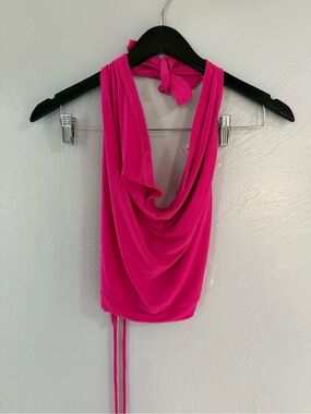 Pitaya Neon Pink Tie Cross Back Drape Neck Halter Top NWT Size Medium